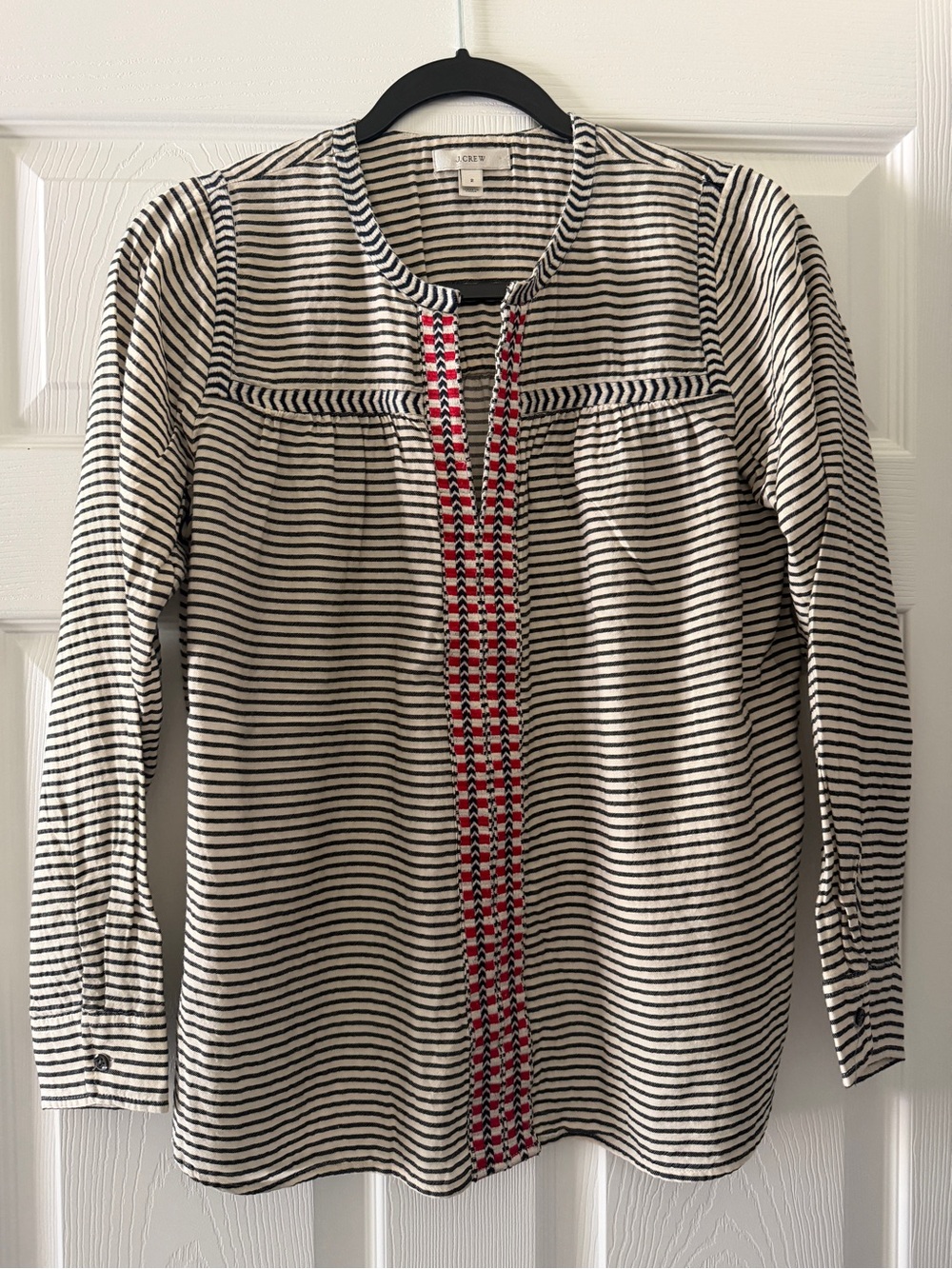 J. Crew Ivory & Black Striped Embroidered Peasant Top